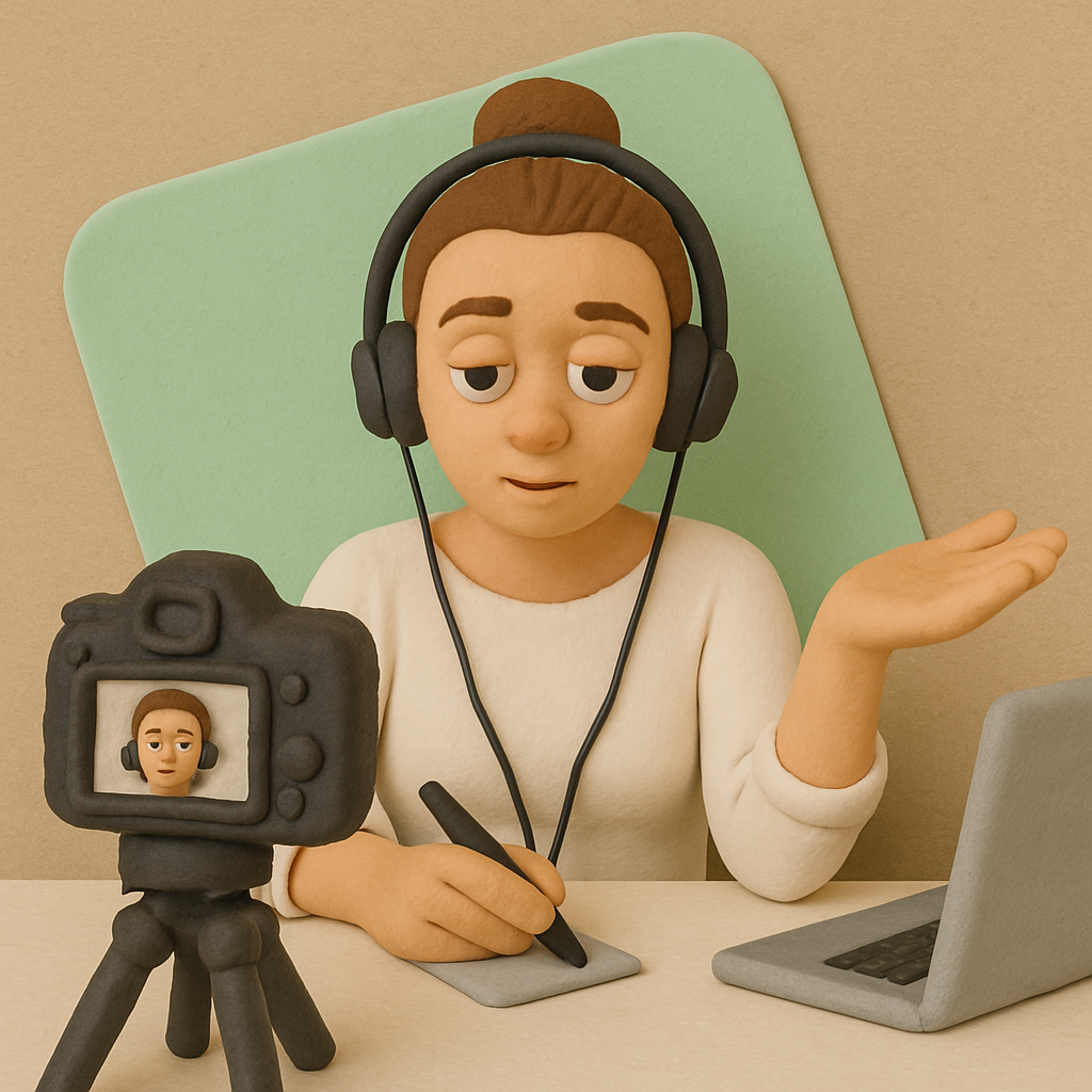 Illustration of person at messy desk with crossed-out microphone and "um" speech bubbles floating around