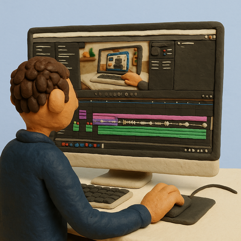 Illustration of clock with spinning hands and stressed person editing timeline with multiple cuts and adjustments